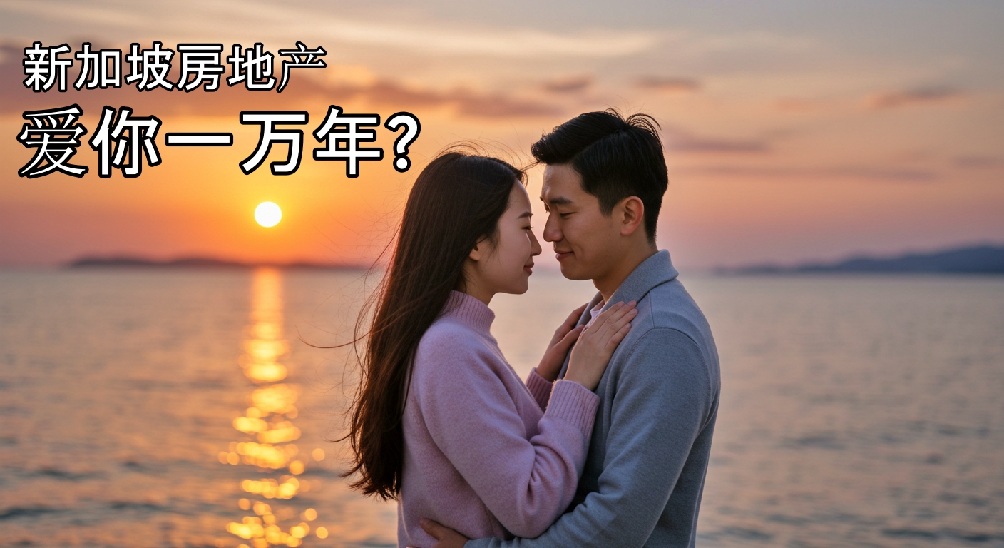 A young couple embraces on a beach at sunset. The sky and water are filled with warm orange and pink hues. Text in Chinese appears at the top left of the image.