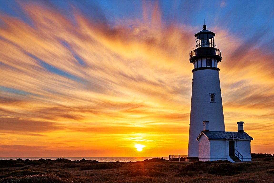 White lighthouse stands tall against a vibrant sunset sky with dramatic clouds over the ocean.