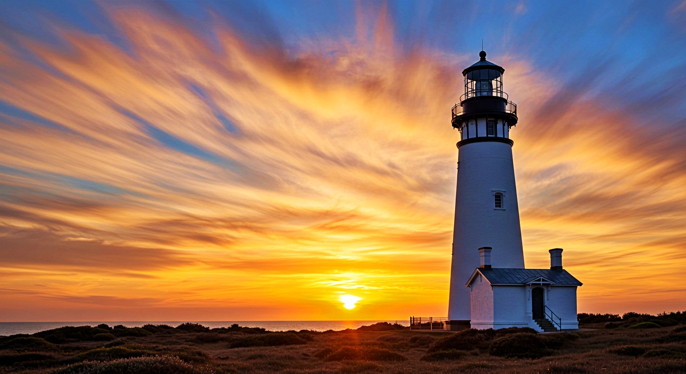 White lighthouse stands tall against a vibrant sunset sky with dramatic clouds over the ocean.