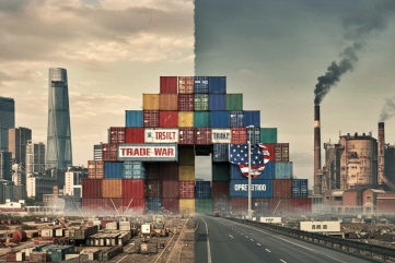 Stacked shipping containers forming a large structure with "TRADE WAR" prominently displayed. A modern city skyline is visible in the background on the left, while a polluted industrial area is on the right.