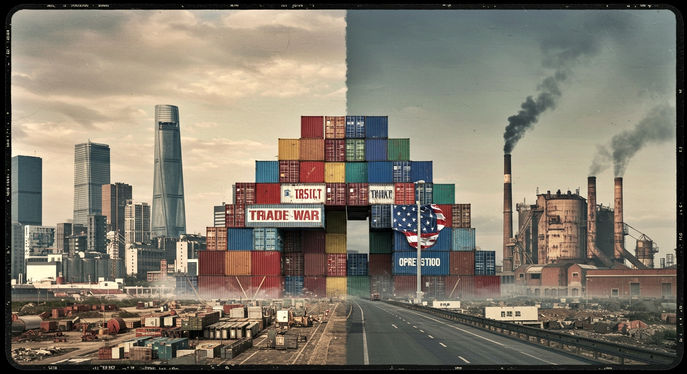 Stacked shipping containers forming a large structure with "TRADE WAR" prominently displayed. A modern city skyline is visible in the background on the left, while a polluted industrial area is on the right.