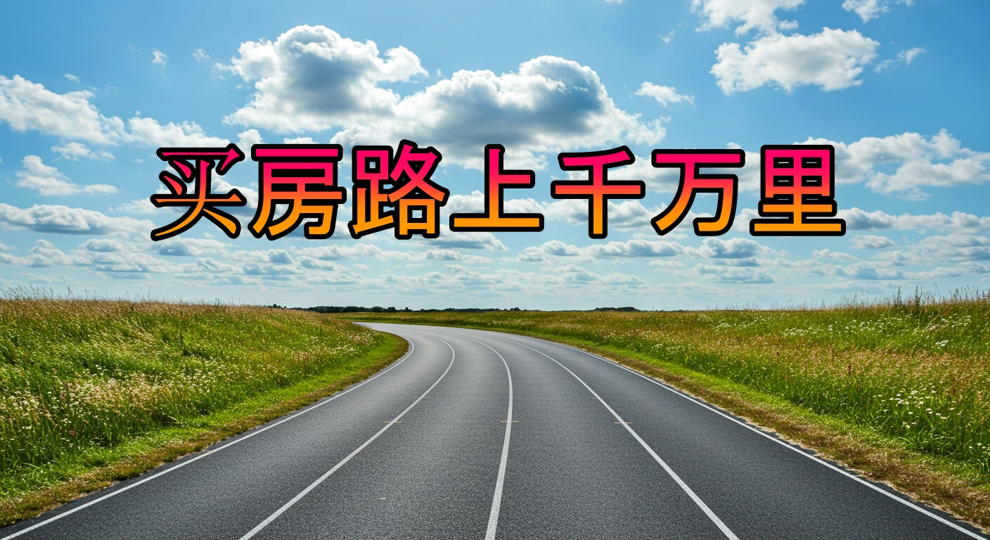 A winding asphalt road with white lane markings stretches into the distance under a blue sky with scattered white clouds, bordered by green grassy fields. The Chinese text "买房路千万里" (mǎi fáng lù qiān wàn lǐ) is superimposed on the sky.