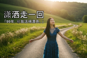 A young woman in a blue lace dress stands with outstretched arms on a dirt path winding through a green, grassy landscape under a warm, bright sunlight. Chinese text is overlaid at the top left.