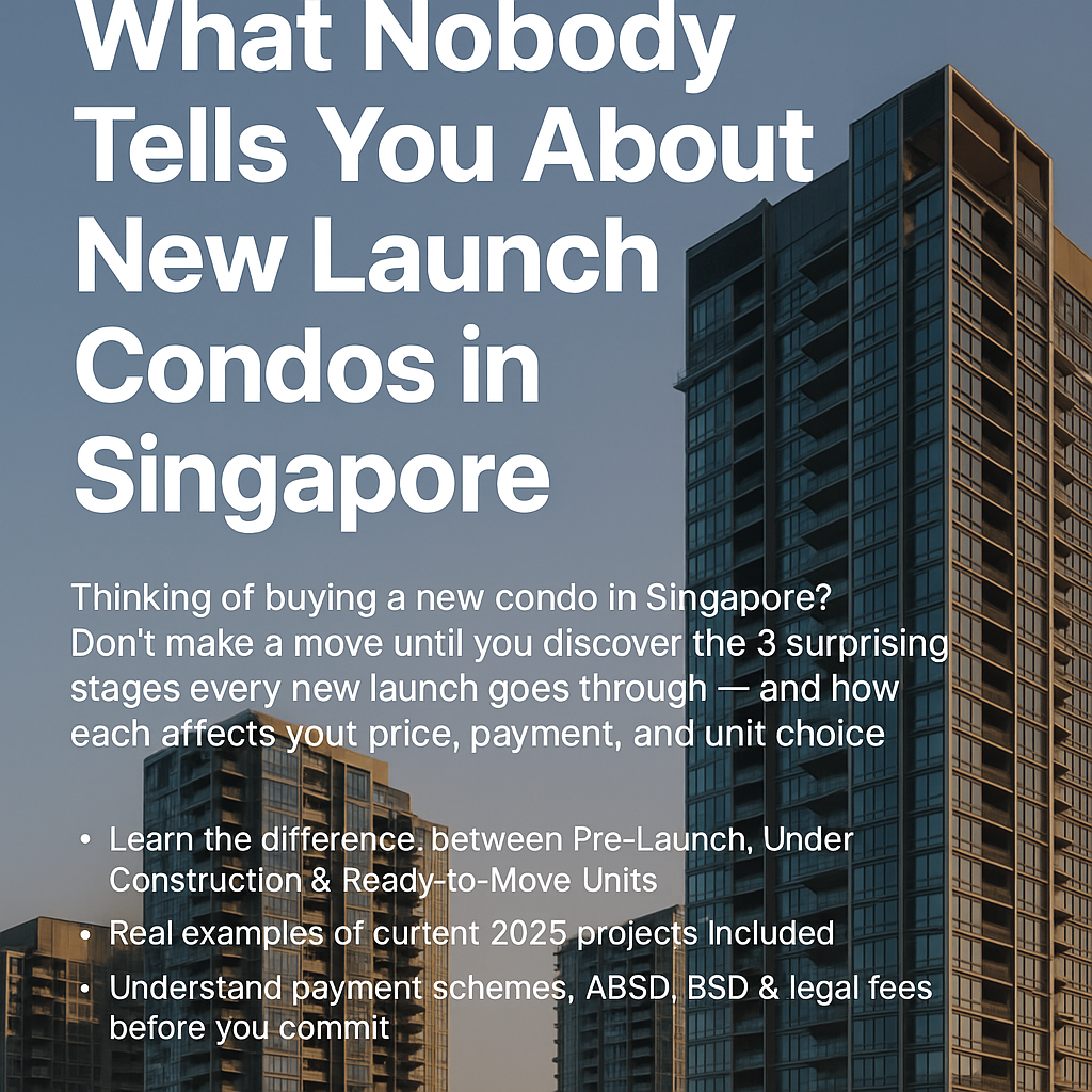 Three modern high-rise condominium buildings in Singapore are shown against a clear, light blue sky. The buildings are primarily glass and concrete, reflecting the sunlight. The foreground building is the tallest and is viewed from a slightly low angle, emphasizing its height. The other two buildings are slightly smaller and positioned behind and to the left. Large white text overlayed on the top left corner reads "What Nobody Tells You About New Launch Condos in Singapore." Below this, smaller white text states, "Thinking of buying a new condo in Singapore? Don't make a move until you discover the 3 surprising stages every new launch goes through - and how each affects your price, payment, and unit choice." Bullet points in white text below this highlight key information: "Learn the difference between Pre-Launch, Under Construction & Ready-to-Move Units," "Real examples of current 2025 projects Included," and "Understand payment schemes, ABSD, BSD & legal fees before you commit."