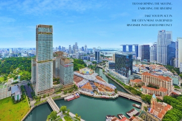An aerial rendering of the Canninghill Piers development along the Singapore River, showing new towers, surrounding buildings, and the distant city skyline including Marina Bay Sands.
