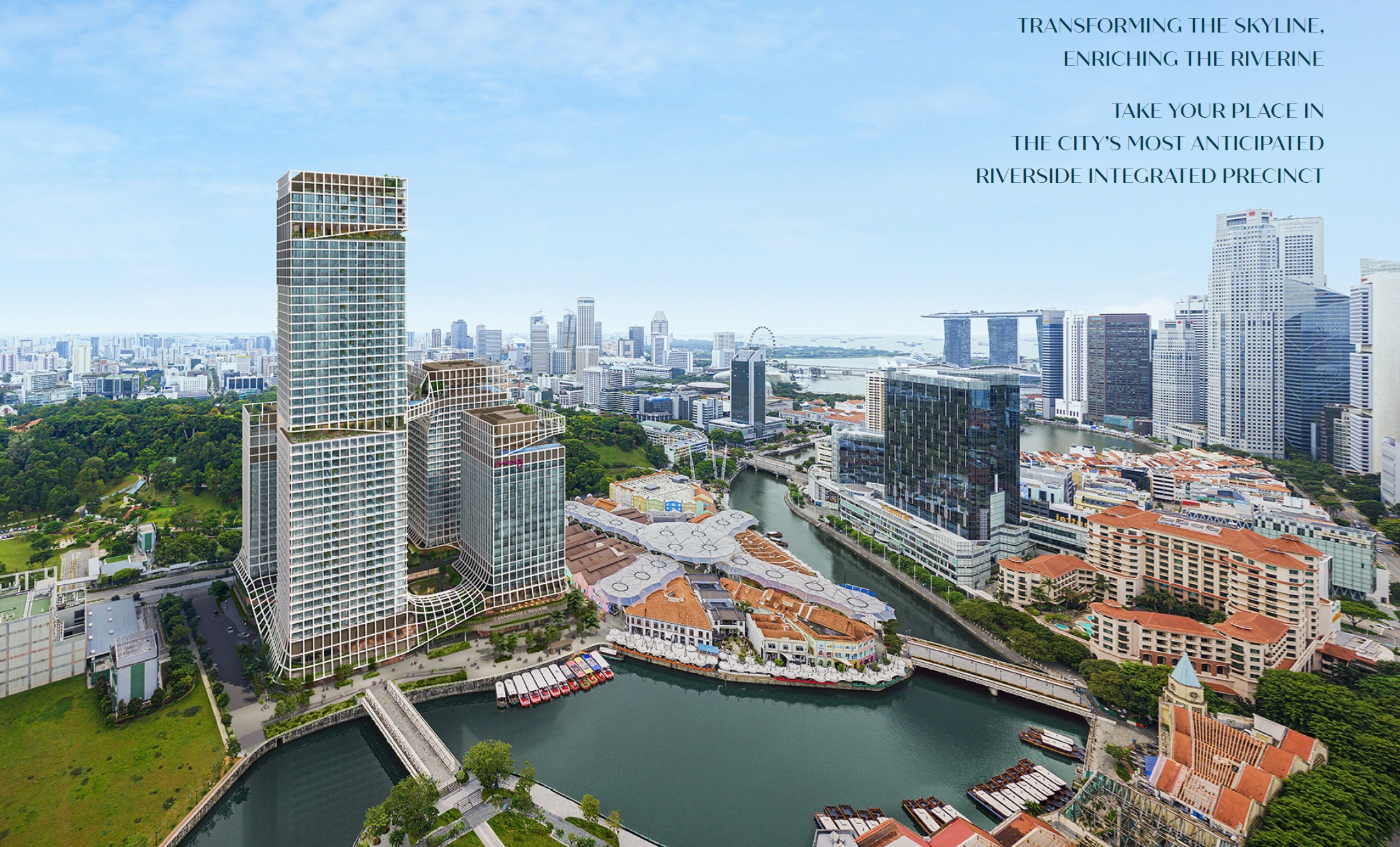 An aerial rendering of the Canninghill Piers development along the Singapore River, showing new towers, surrounding buildings, and the distant city skyline including Marina Bay Sands.