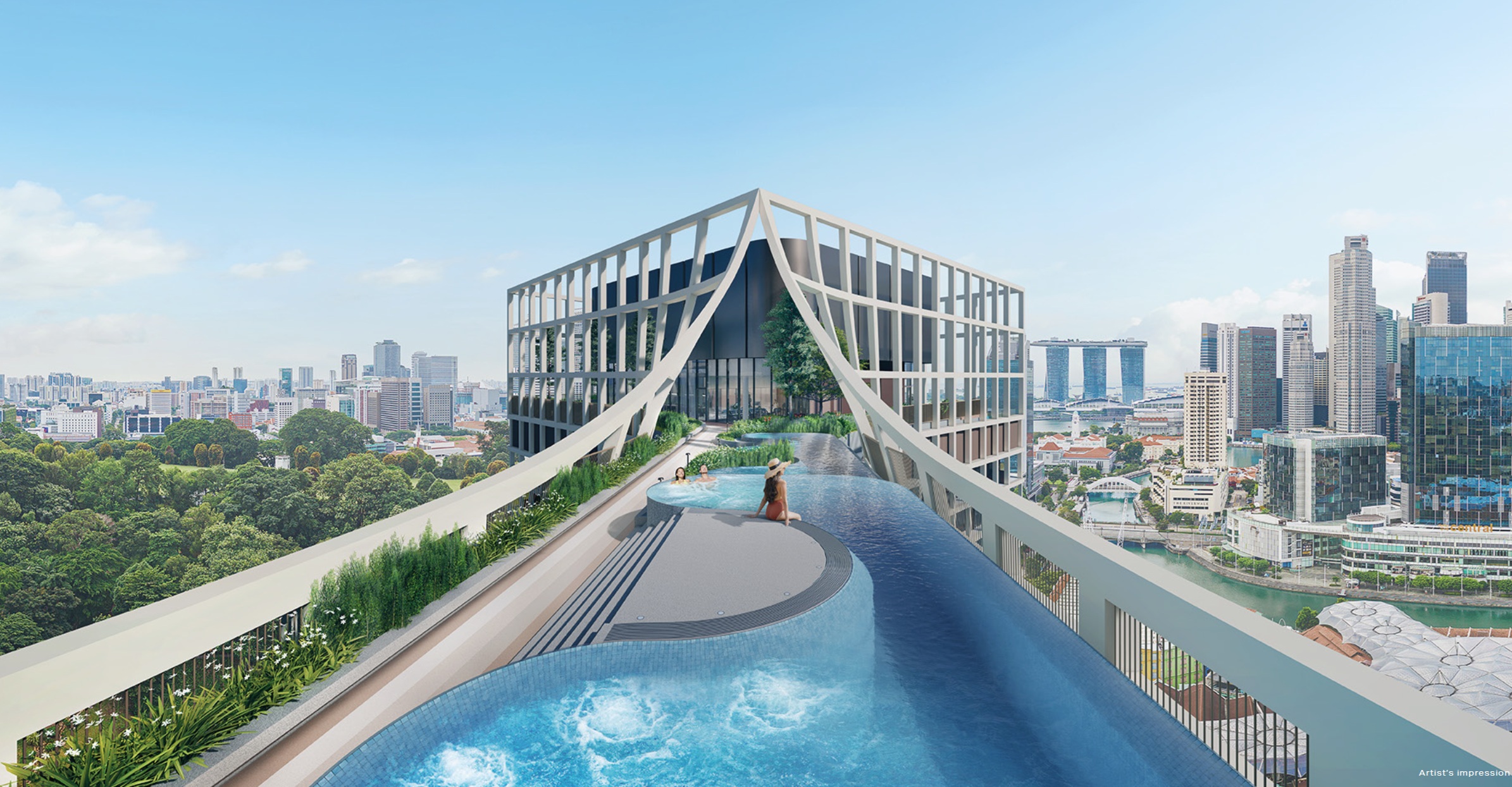 An architectural rendering of a rooftop infinity pool on a modern building, overlooking a lush green landscape and the Singapore city skyline including Marina Bay Sands.