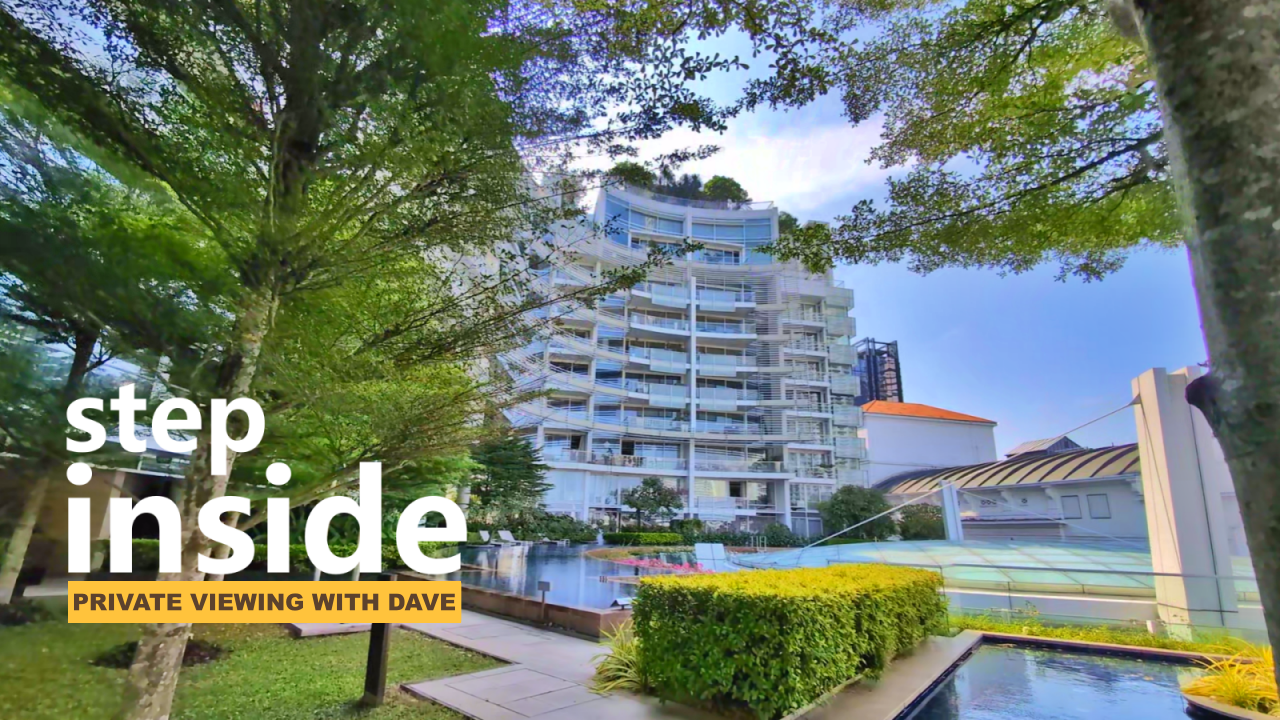 A modern high-rise residential building with a curved, wave-like facade and multiple balconies, seen through a lush, green foreground with trees. In the middle ground is a swimming pool, and the sky is bright blue with scattered clouds. The words "step inside" are in large white text on the left, with "PRIVATE VIEWING WITH DAVE" on a smaller yellow bar below.