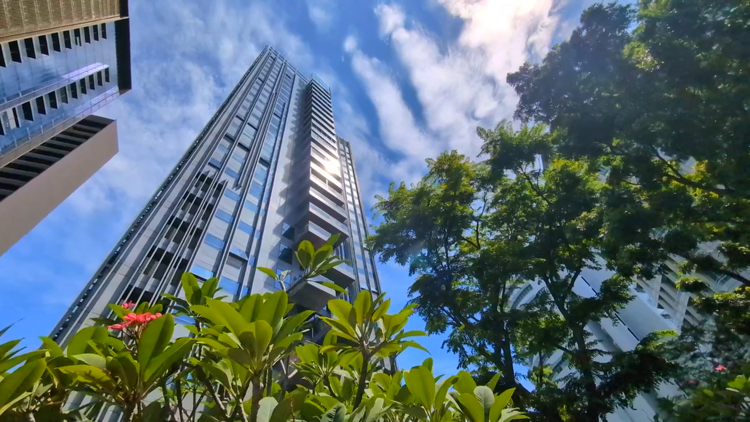 A low-angle shot of a tall, modern, gray skyscraper with numerous windows, with a lush canopy of green trees on the right and other skyscrapers in the background on the left.